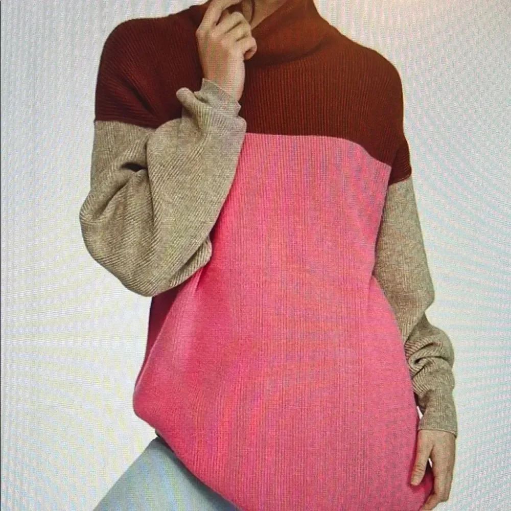 Free People Softly Structured Colorblock Turtleneck Sweater Pink Brown Oversized